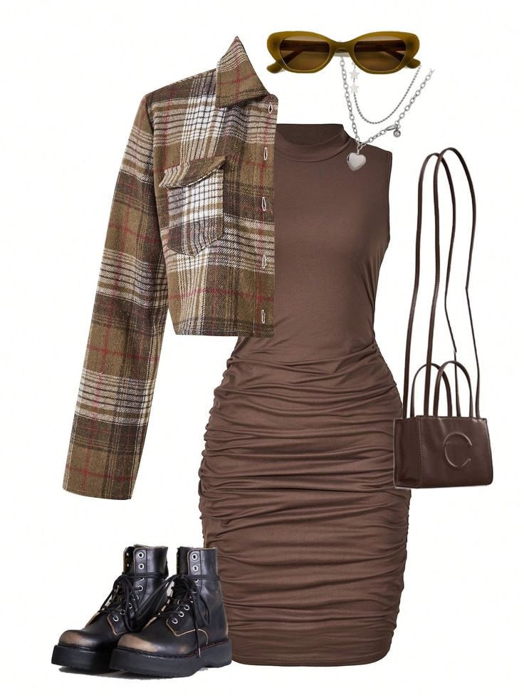 Fashion Street Style Simple Plaid Shirt Collar Sleeveless Dress Set
